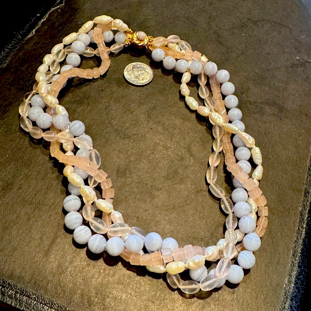 4- strand beads w/ rose quartz, blue lace agate, fw pearl, 14K clasp, 17.5 “